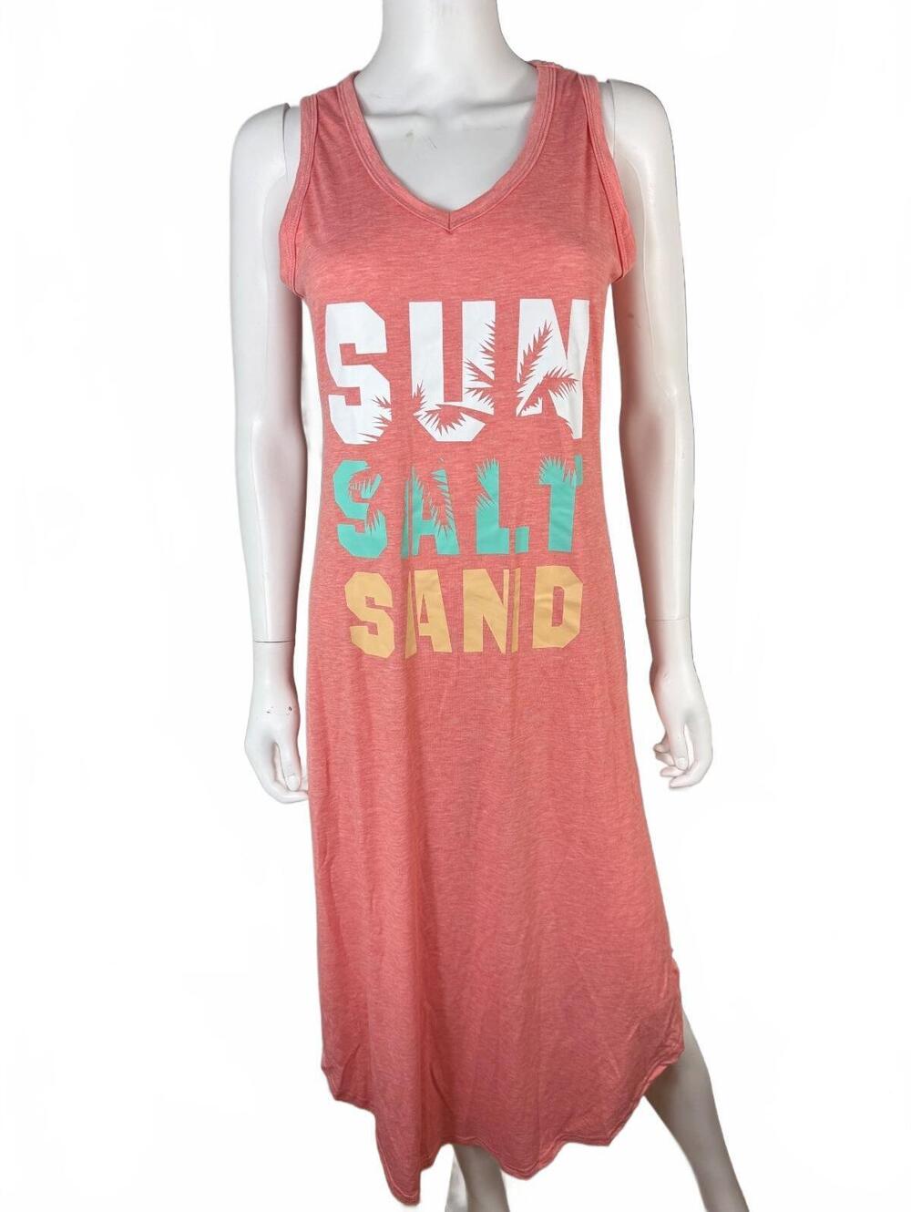 NWOTS SHEIN Sleeveless Coral Pink Midi Dress with SUN SALT SAND Print, Size M